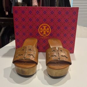 Tory Burch Tan Leather Platform Logo Slide Sandals